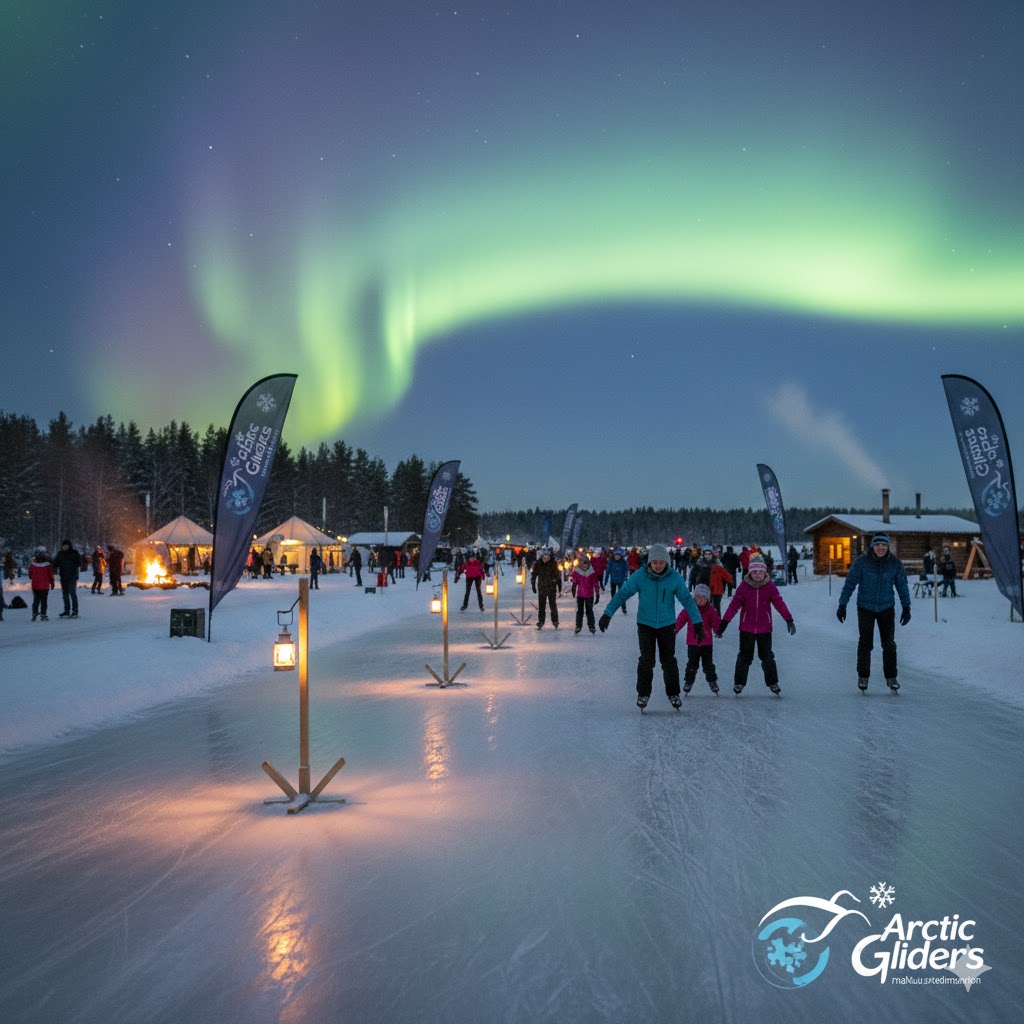 Ihmisiä luistelemassa järven jäällä revontulten loimutessa.
